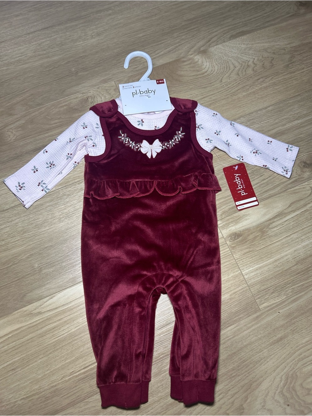 Petit Lem Burgundy Velvet Romper Set with Light Pink Floral Top